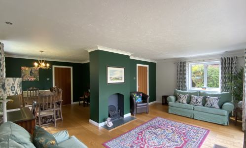 The spacious living room and attached dining area
